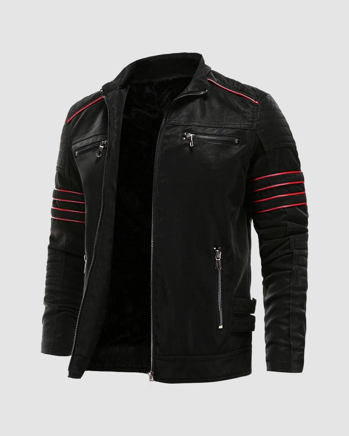 Herren Bikerjacke aus Kunstleder mit Kontraststreifen in Schwarz