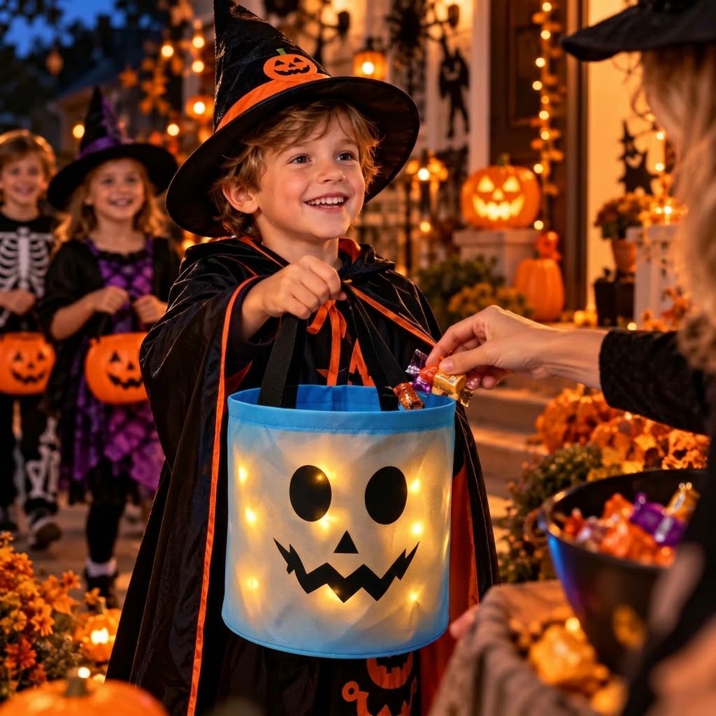 LED-Kürbis-Süßigkeitenkorb mit Griff für Halloween