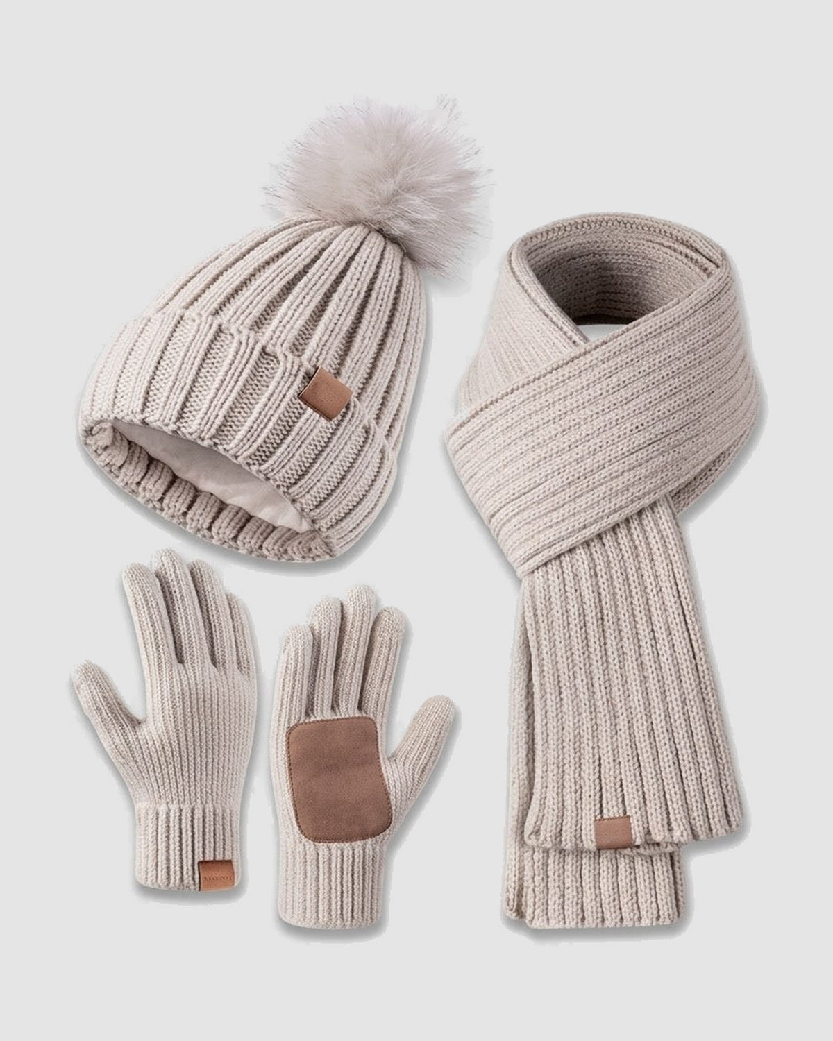 Winterset: Strickmütze, Schal und Touchscreen-Handschuhe in Beige