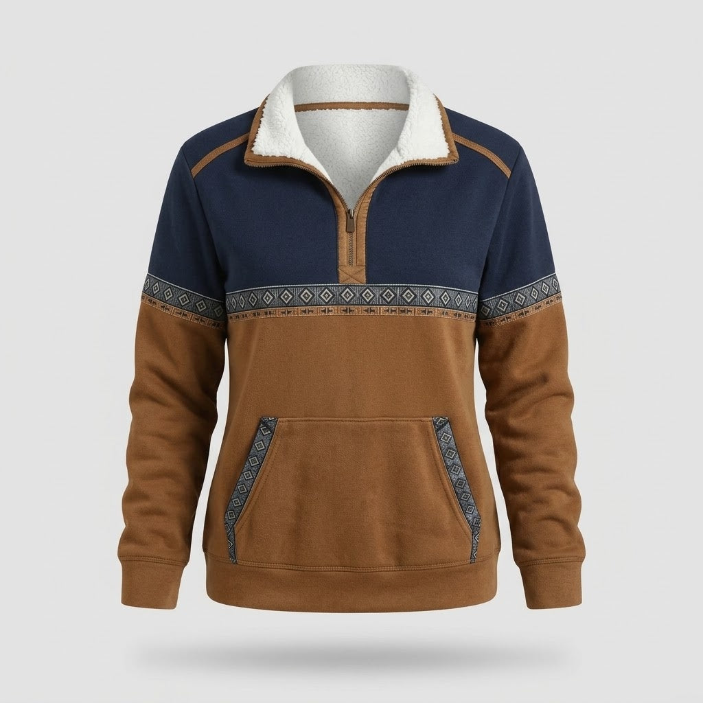 Damen Pullover - Halb-Reissverschluss mit Sherpa-Kragen, Cognac