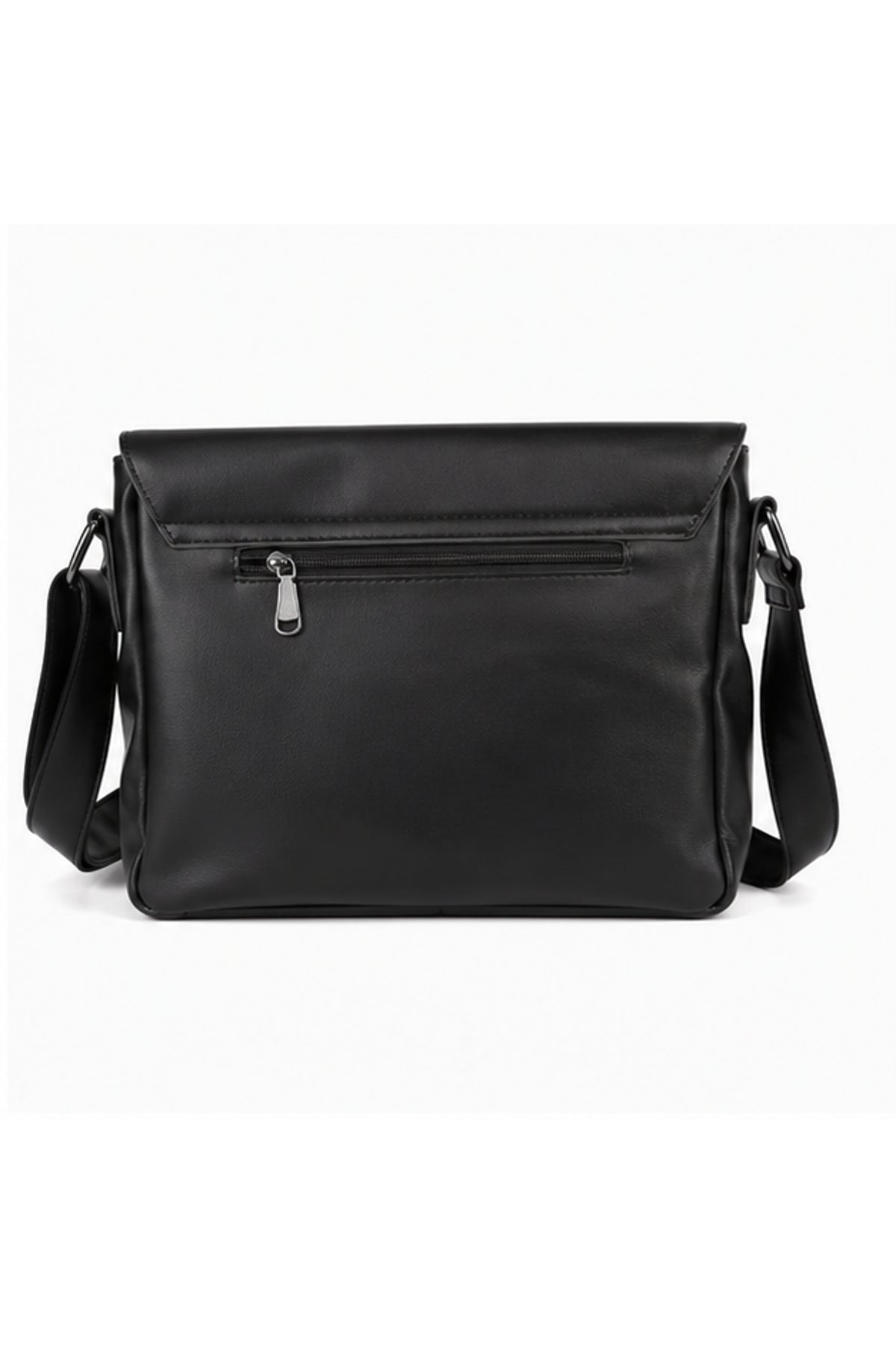 Schwarze Messenger-Tasche mit Überschlag und Schnallendetail