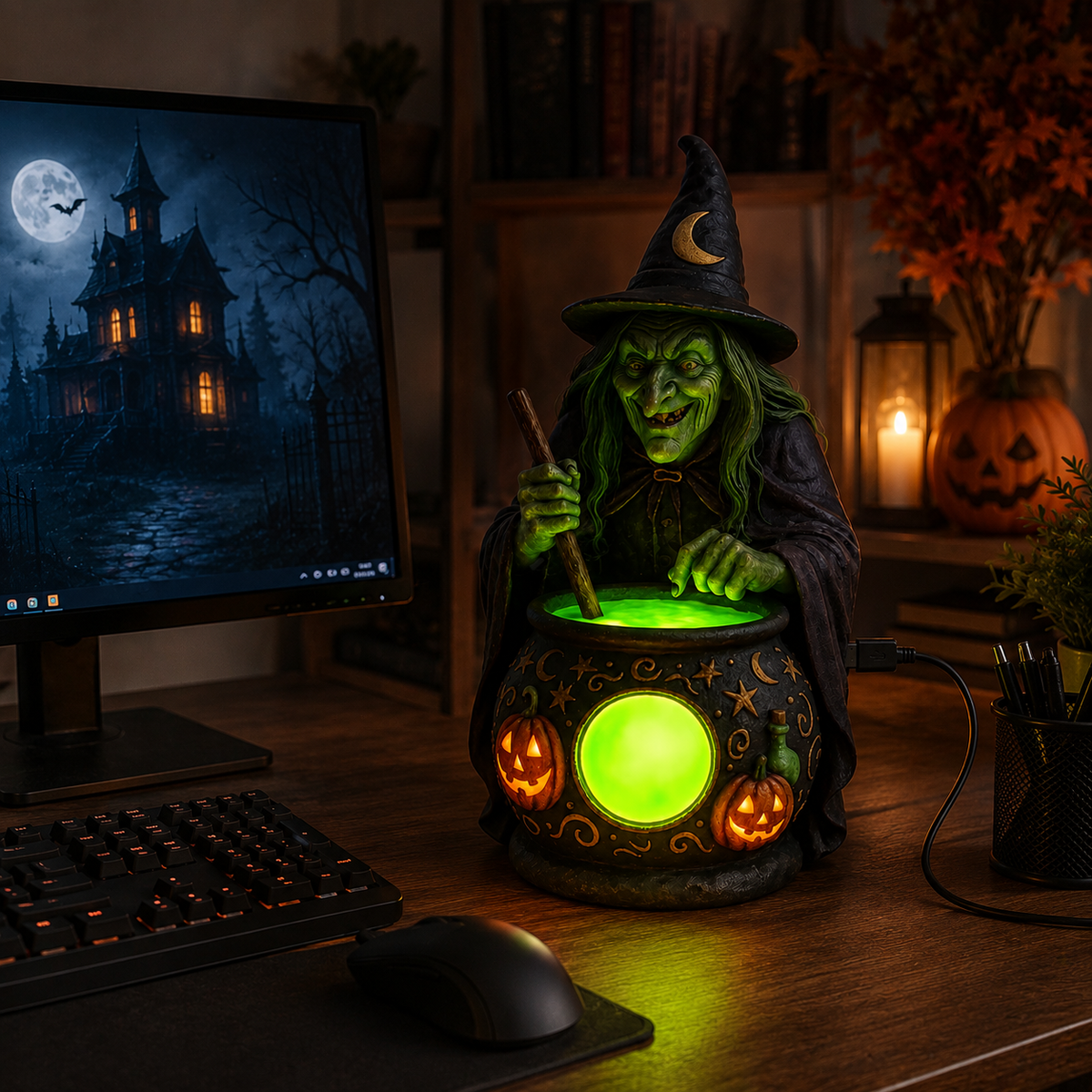 Hexenkessel-Harz-Tischlampe mit Neongrünem LED
