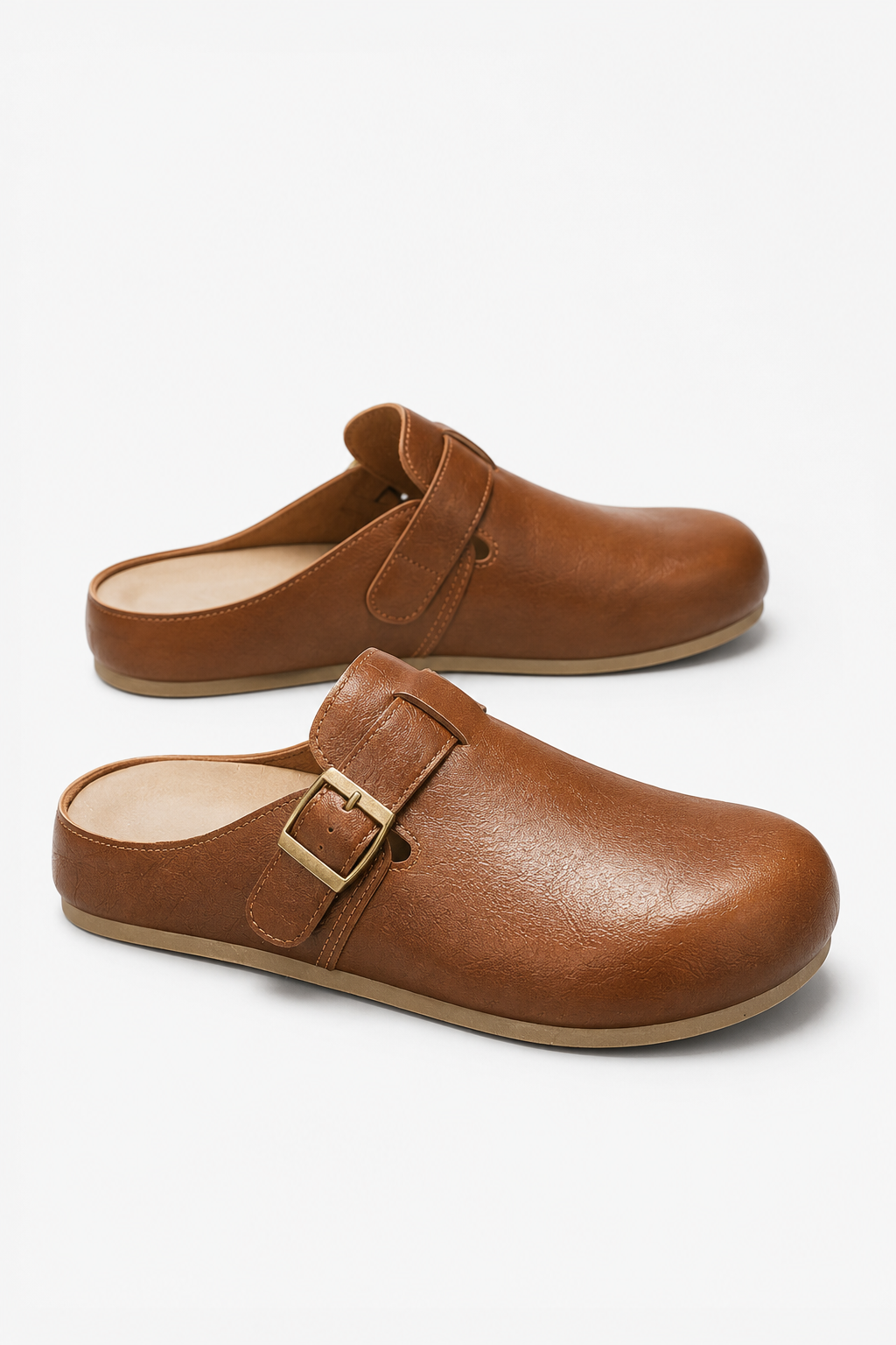 Herren Leder Clogs - Camel Slip-On Pantoletten mit Schnalle