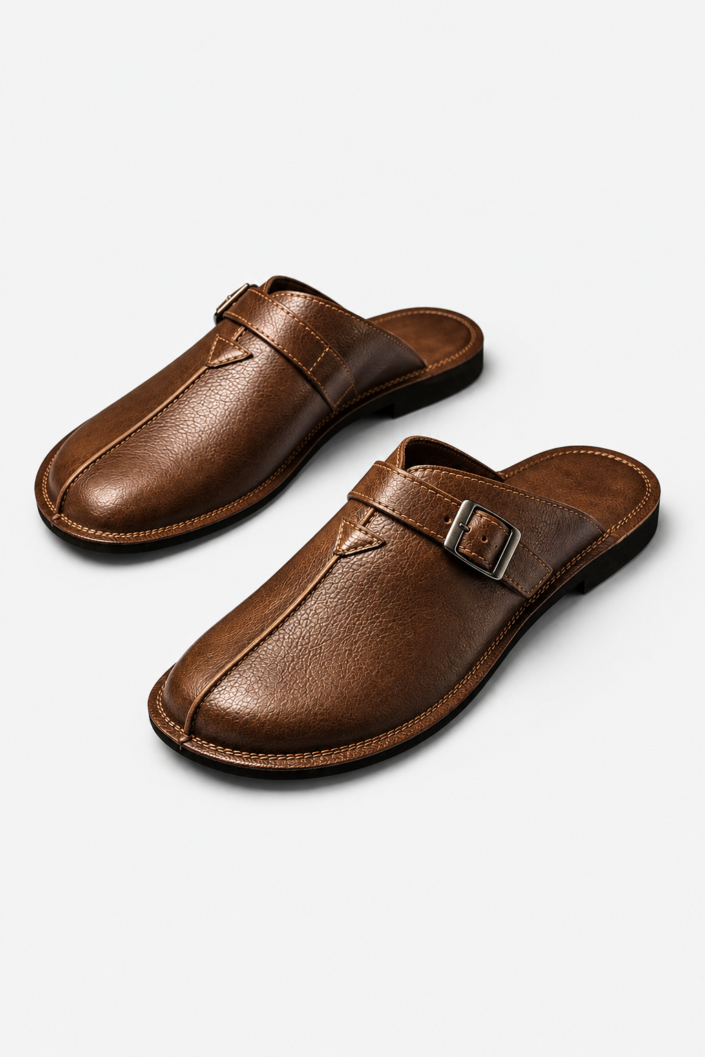 Herren Leder Pantoletten - Braune Slip-On Sandalen mit Schnalle