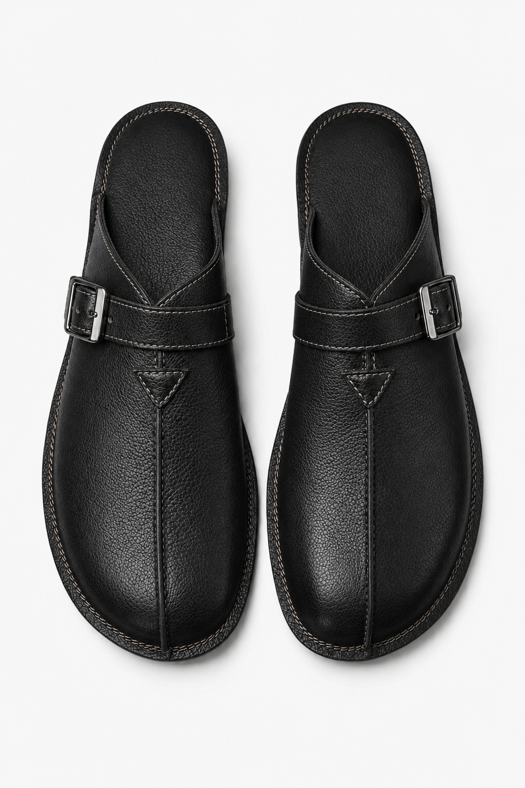 Herren Leder Pantoletten - Schwarze Slip-On Sandalen mit Schnalle