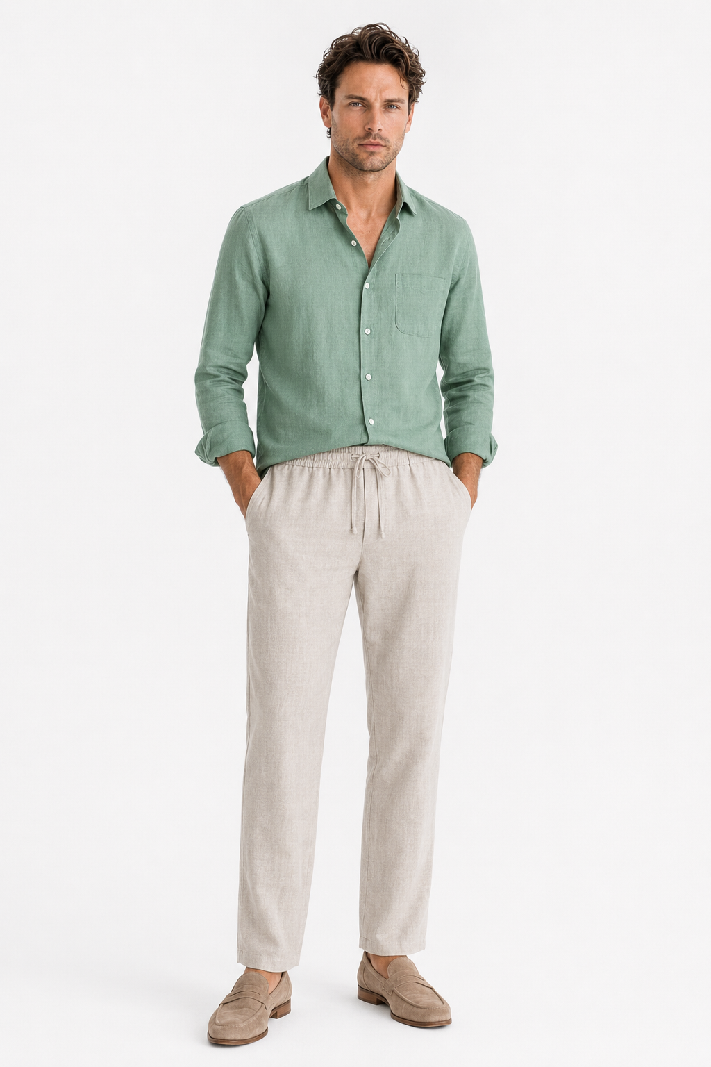 Männer Sommer Leinen-Set Langarm Grün Beige - Leicht & Atmungsaktiv