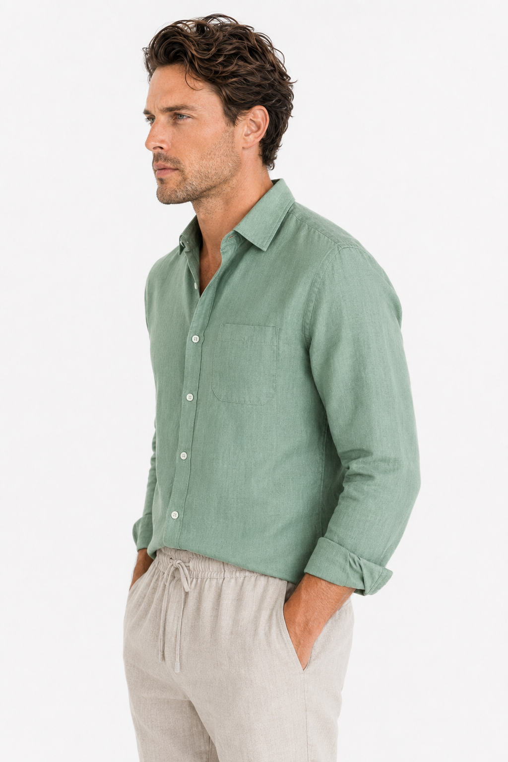 Männer Sommer Leinen-Set Langarm Grün Beige - Leicht & Atmungsaktiv