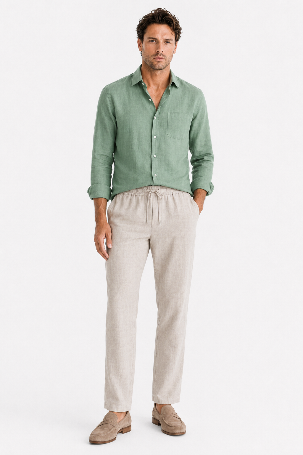 Männer Sommer Leinen-Set Langarm Grün Beige - Leicht & Atmungsaktiv