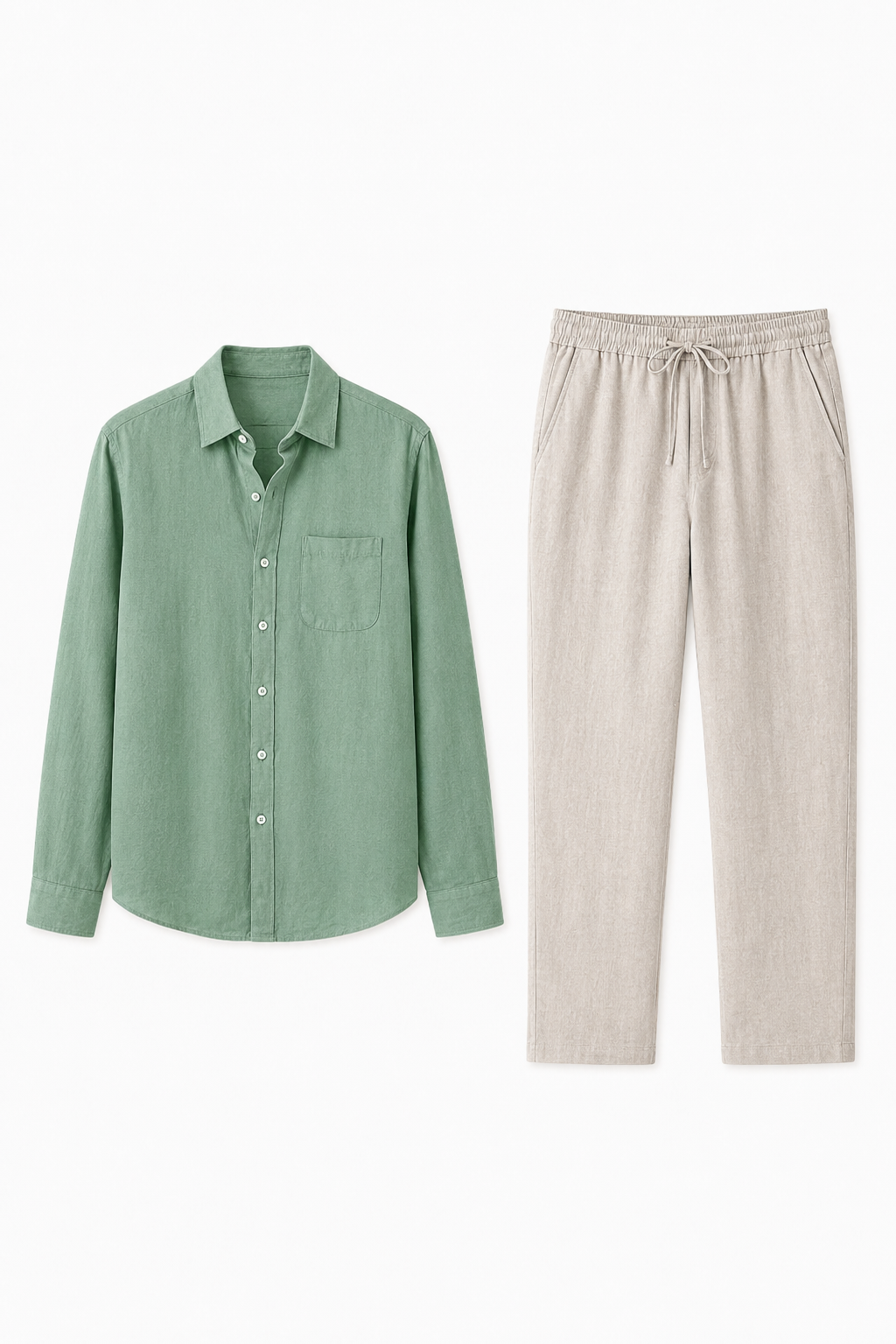 Männer Sommer Leinen-Set Langarm Grün Beige - Leicht & Atmungsaktiv