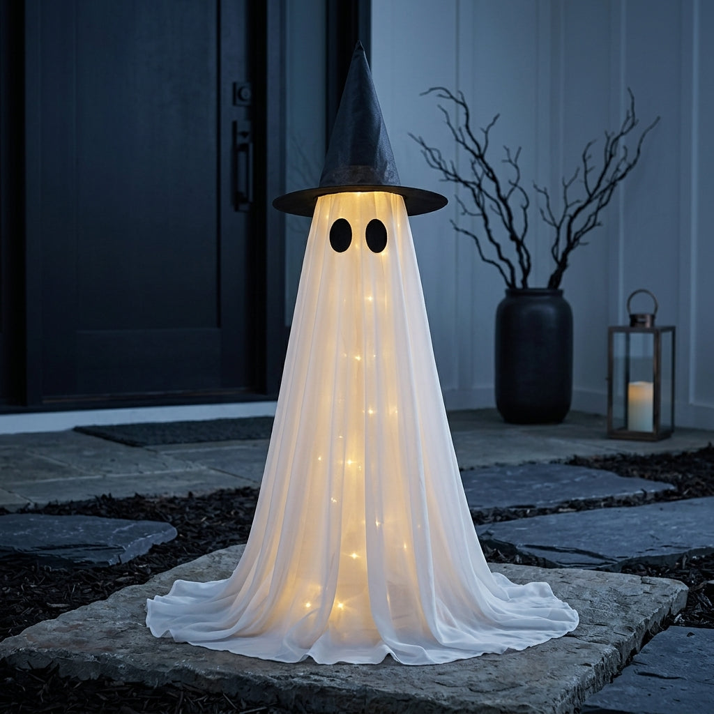 Leuchtendes Geist mit Hexenhut - LED Halloween Deko