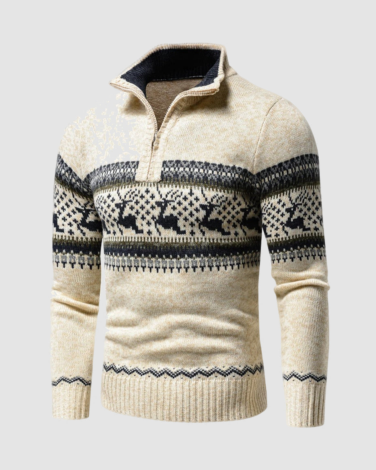 Herren Pullover mit Reißverschluss und Rentiermuster in Beige, Vorderansicht