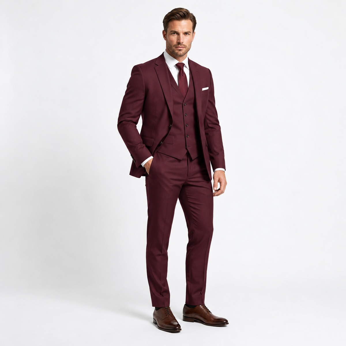 Herren Anzug dreiteilig, Slim Fit in Weinrot