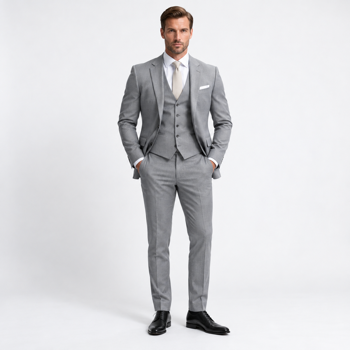 Herren Anzug dreiteilig, Slim Fit in Hellgrau