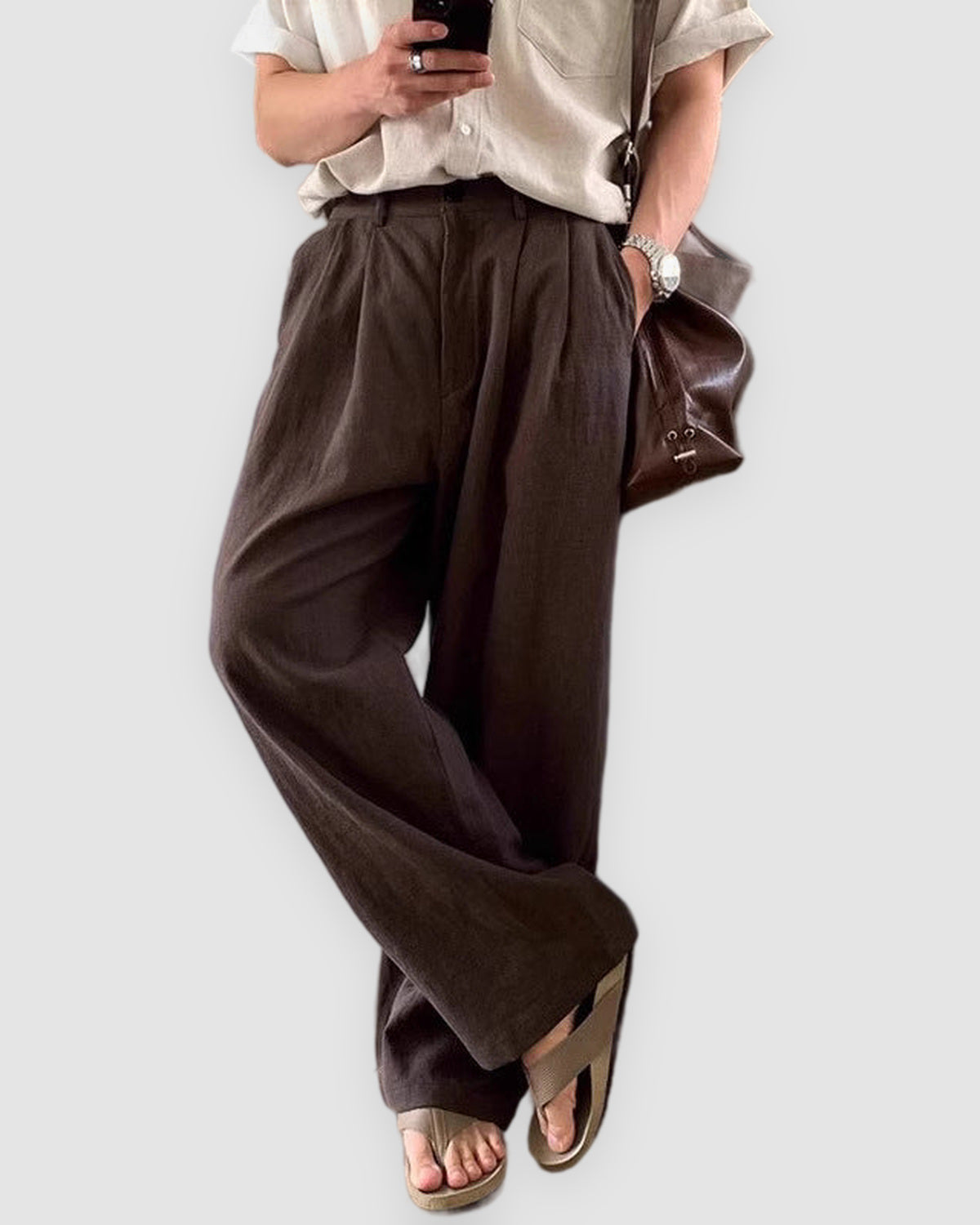 Herren Leinenhose mit weitem Bein, luftig in Kaffeebraun