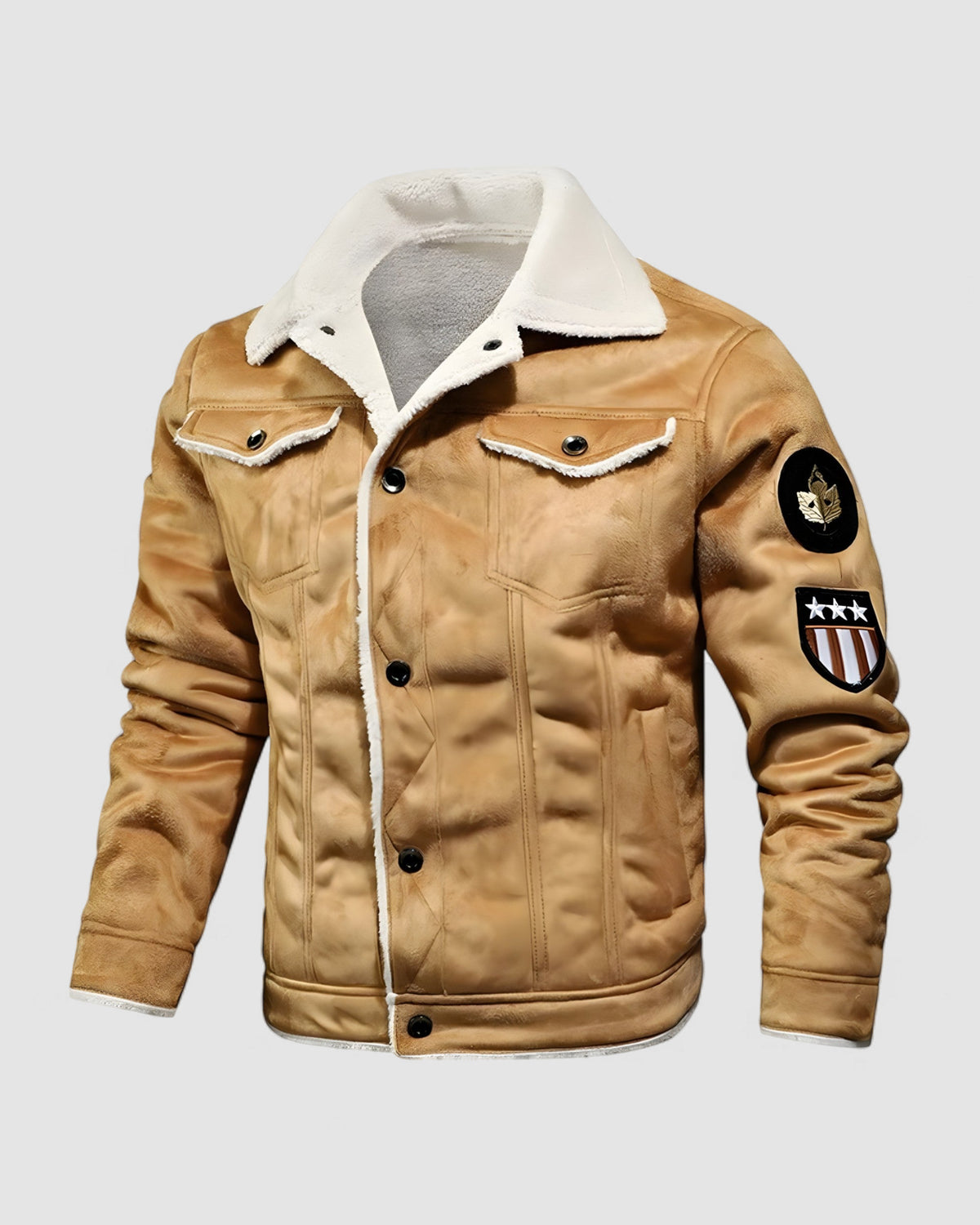 Herren Jacke mit Plüschkragen in Khaki, Vorderansicht