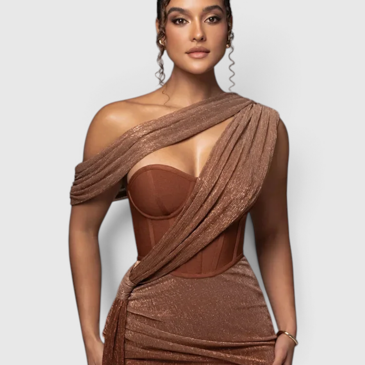 Women's One-Shoulder Evening Dress with Metallic Finish