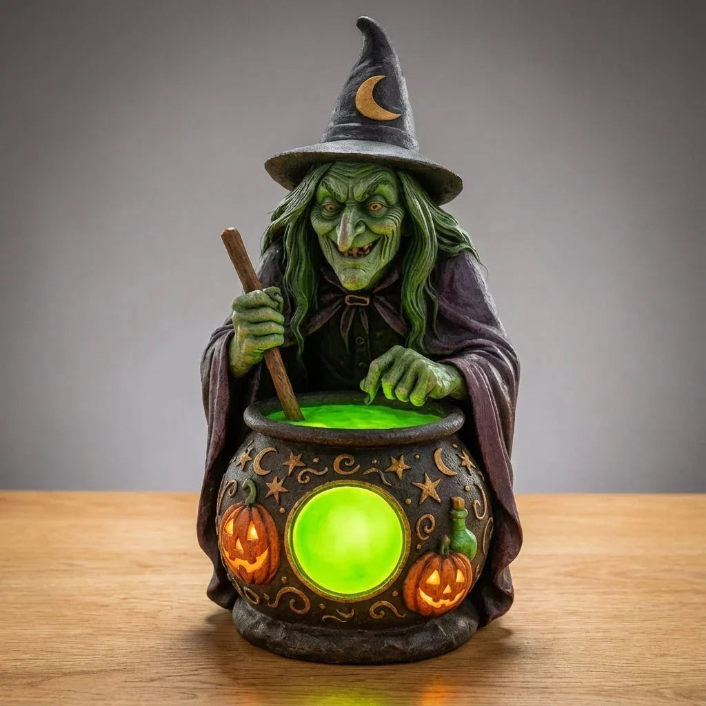 Hexenkessel-Harz-Tischlampe mit Neongrünem LED