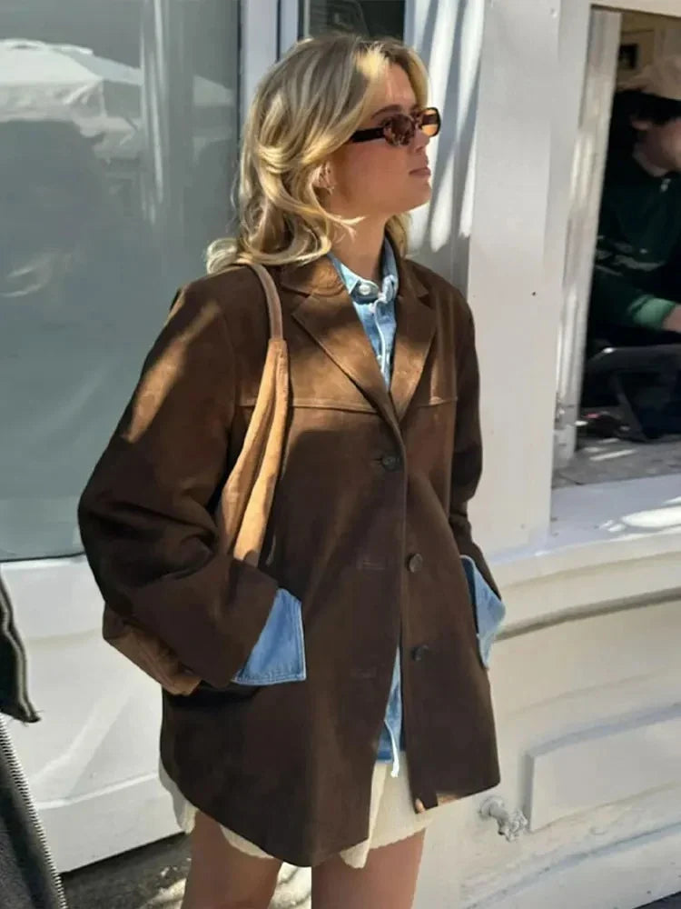 Damen Oversize Blazer - Braune Wildlederoptik mit Revers
