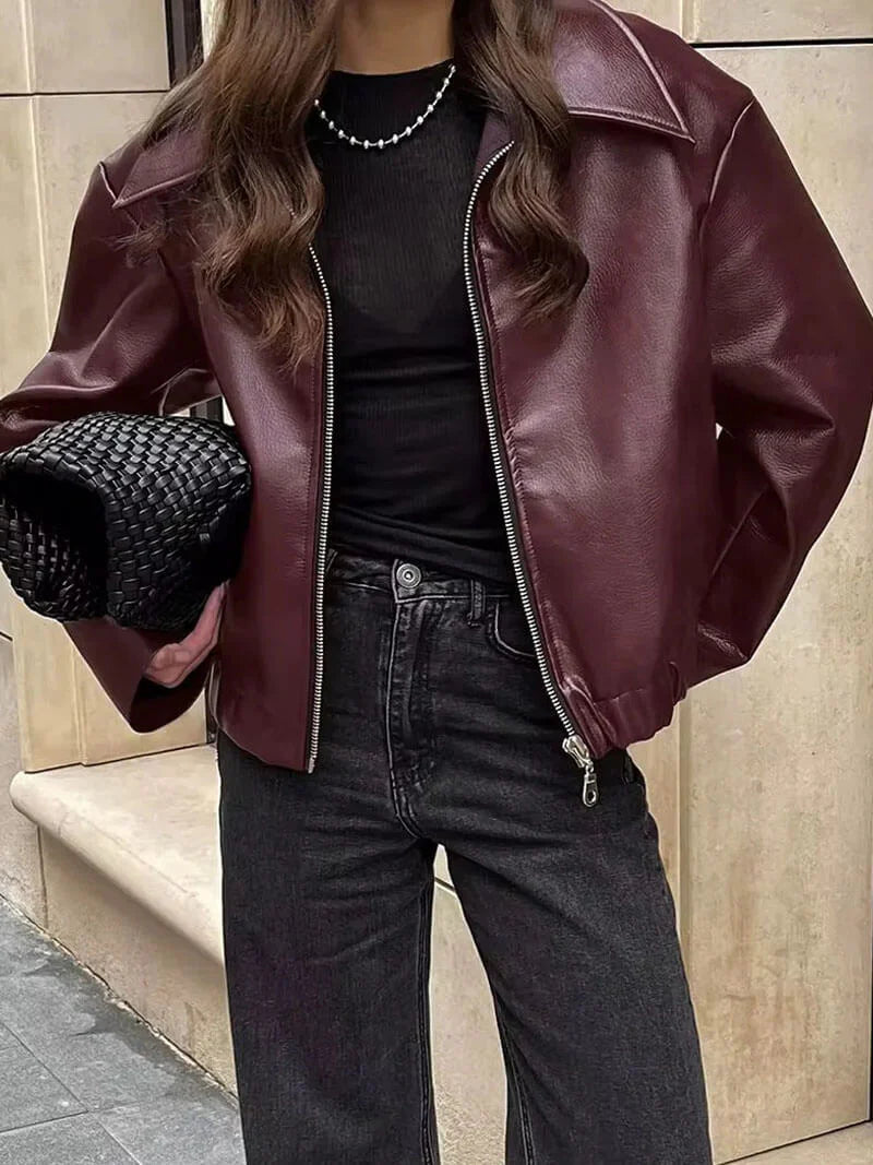 Damen Kurze Kunstlederjacke mit Reißverschluss und Kragen