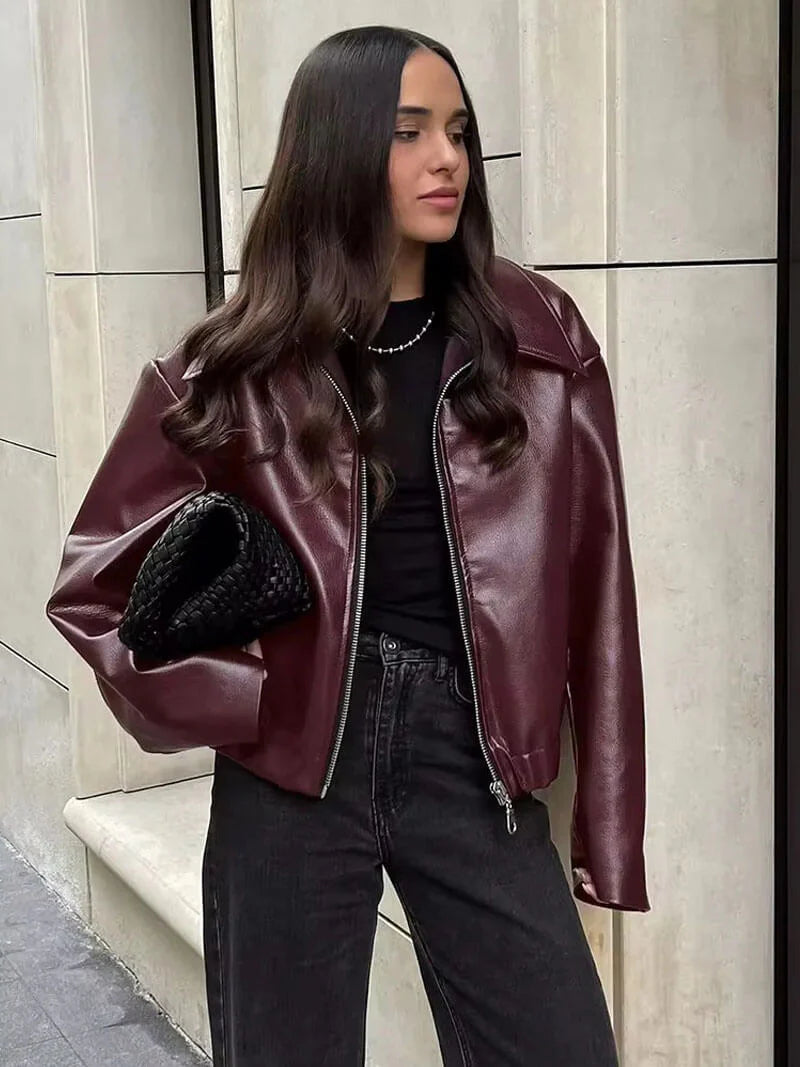Damen Kurze Kunstlederjacke mit Reißverschluss und Kragen