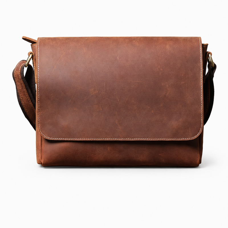 Klassische Herren Messenger-Tasche aus Echtleder mit Überschlag – Braun