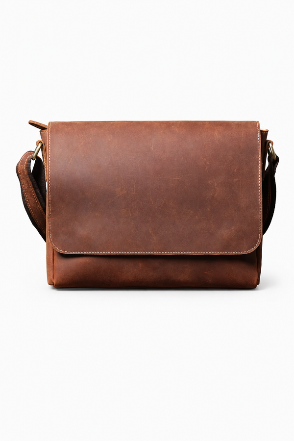 Klassische Messenger-Tasche aus Echtleder mit Überschlag – Braun