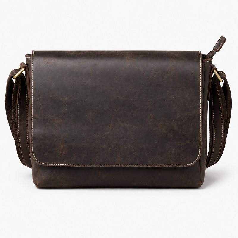 Klassische Messenger-Tasche aus Echtleder mit Überschlag – Dunkelkaffee