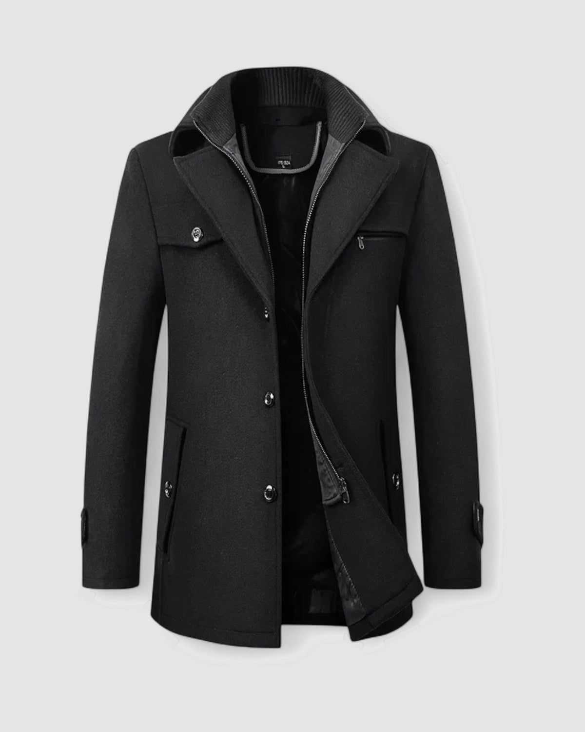 Herren Trenchcoat aus Wolle mit Doppelkragen in Schwarz