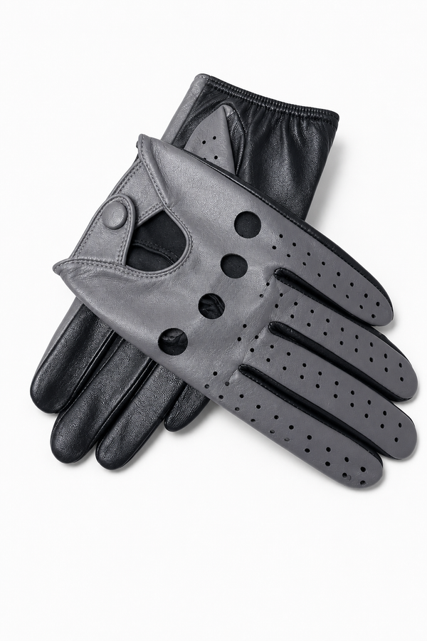Grau-schwarze perforierte Vollfinger-Fahrerhandschuhe