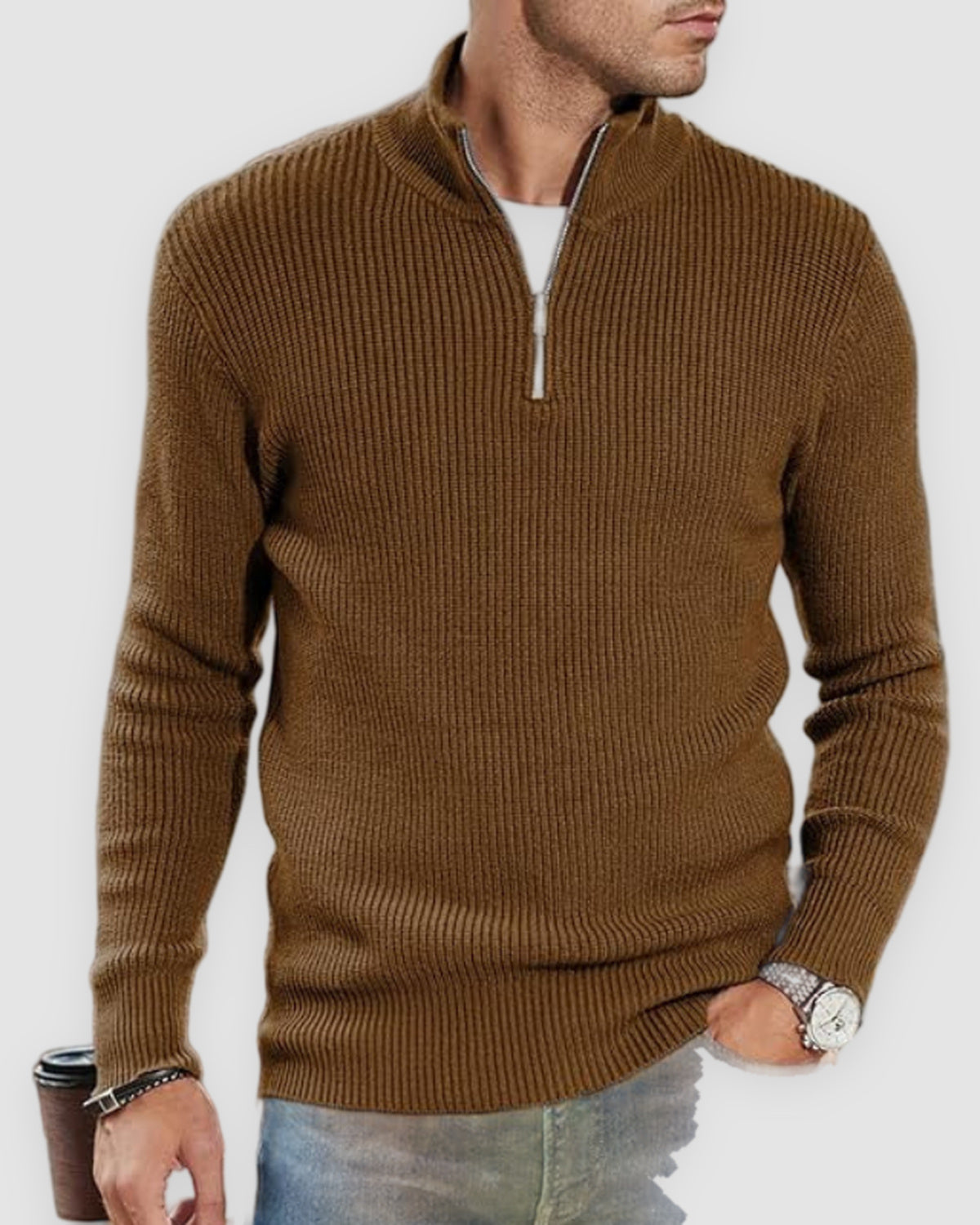 Herren Rollkragenpullover mit Half-Zip aus warmem Strick in Grün