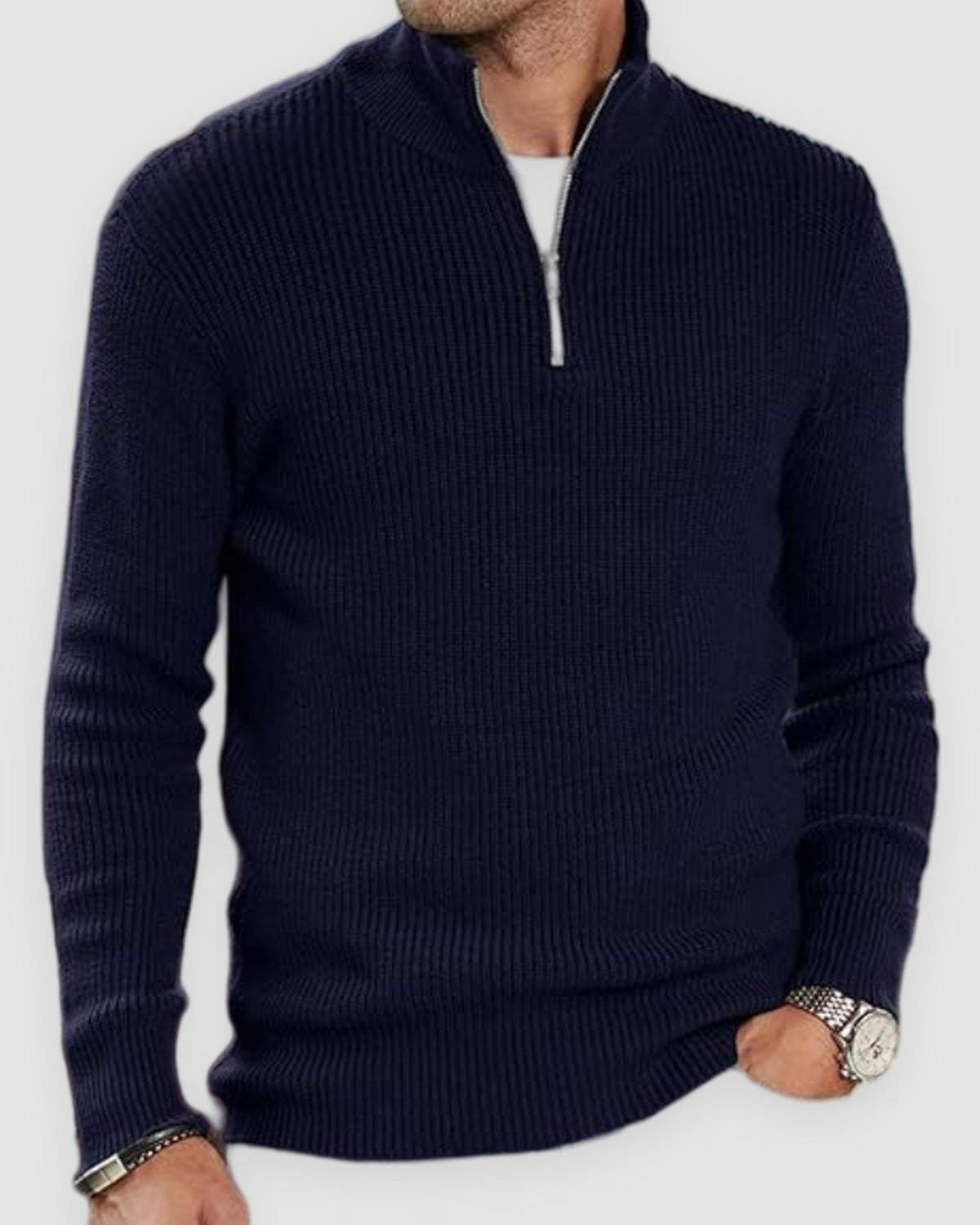 Herren Rollkragenpullover mit Half-Zip aus warmem Strick in Dunkelblau