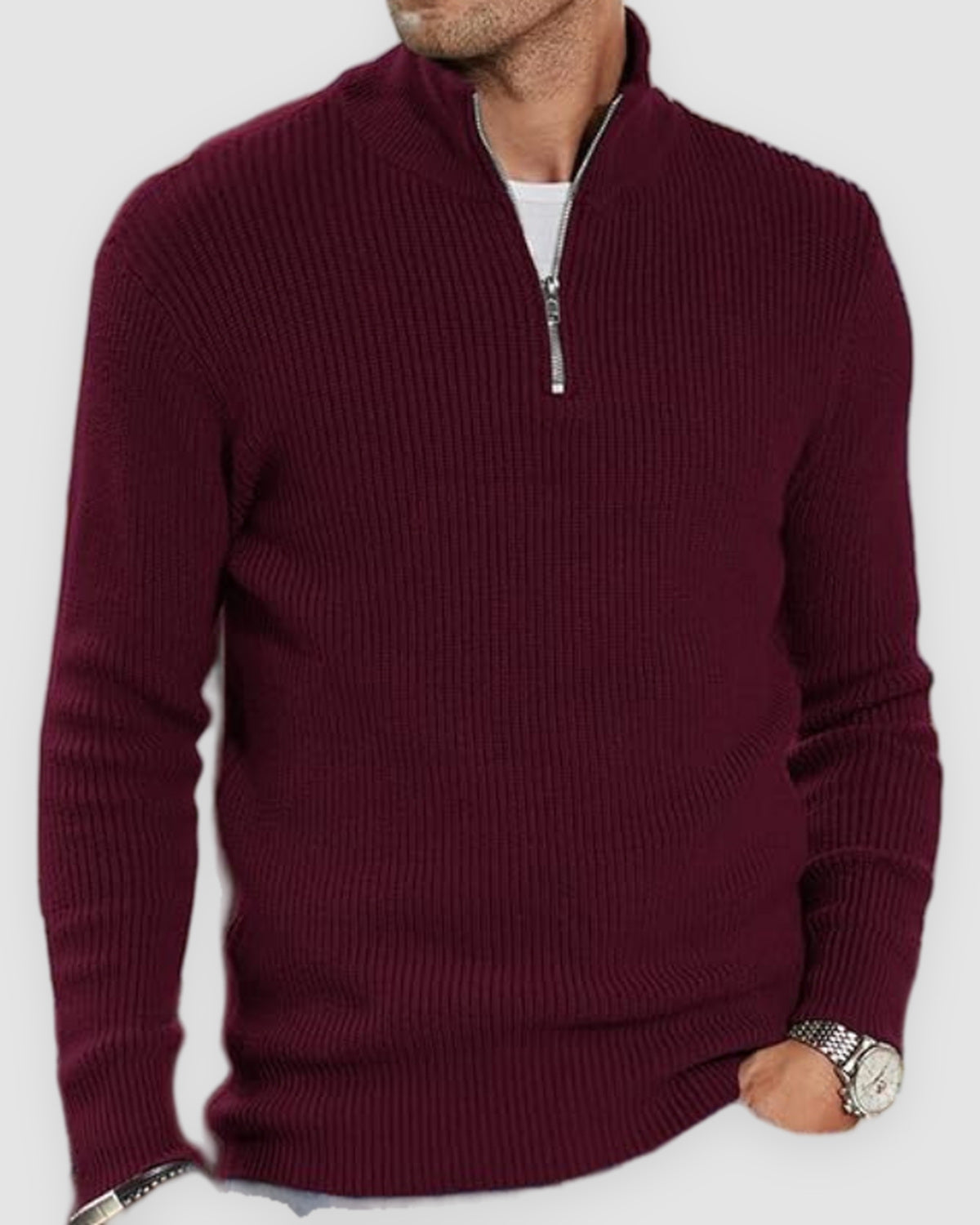 Herren Rollkragenpullover mit Half-Zip aus warmem Strick in Rot