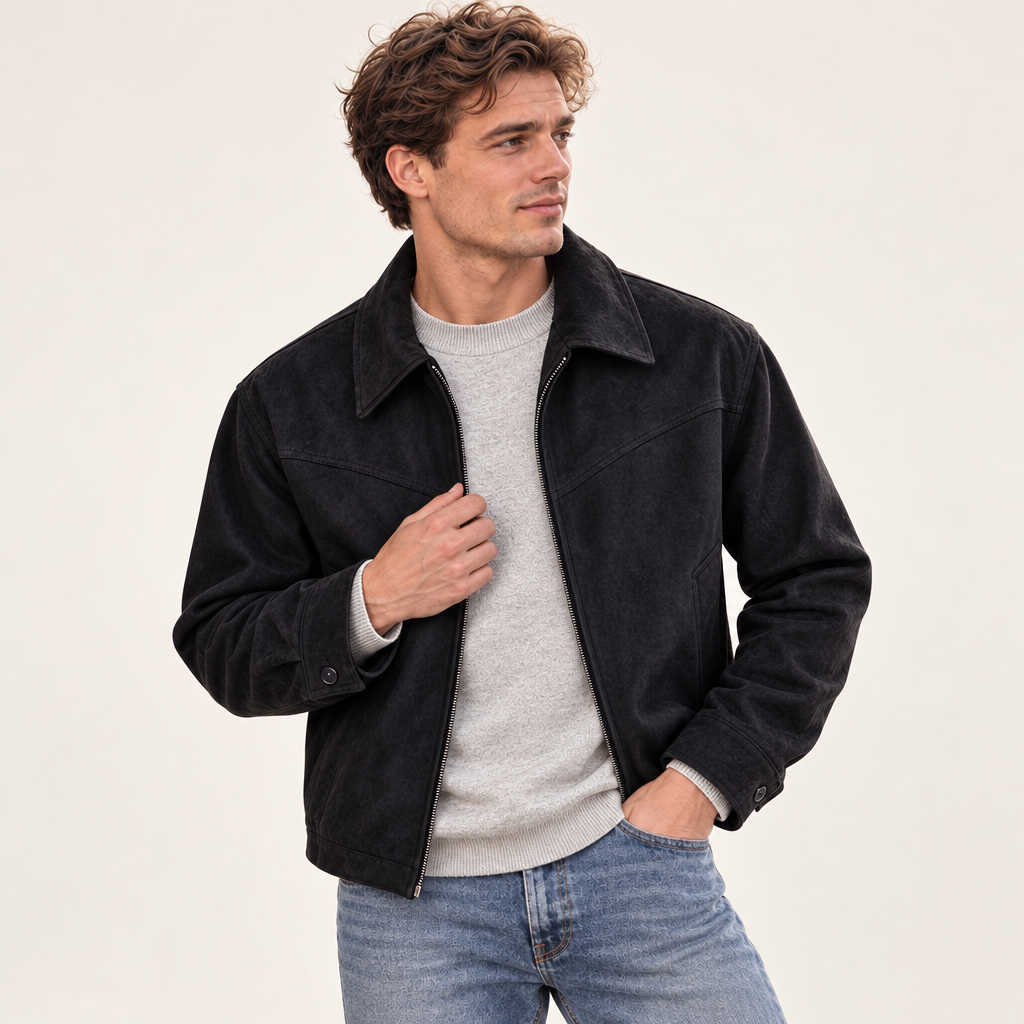 Herren Veloursleder-Optik Kurzjacke mit Umlegekragen