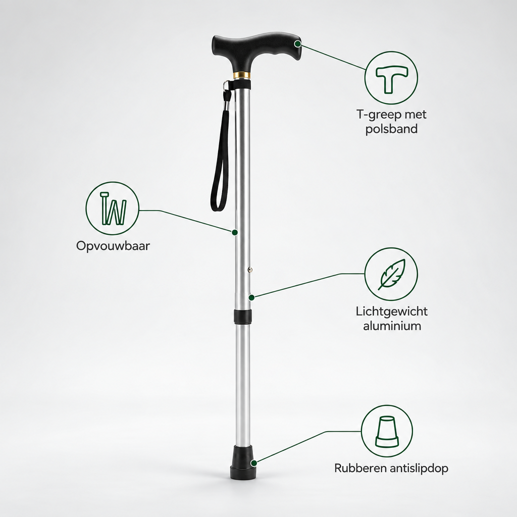 Faltbarer Aluminium-Gehstock mit T-Griff und Handschlaufe