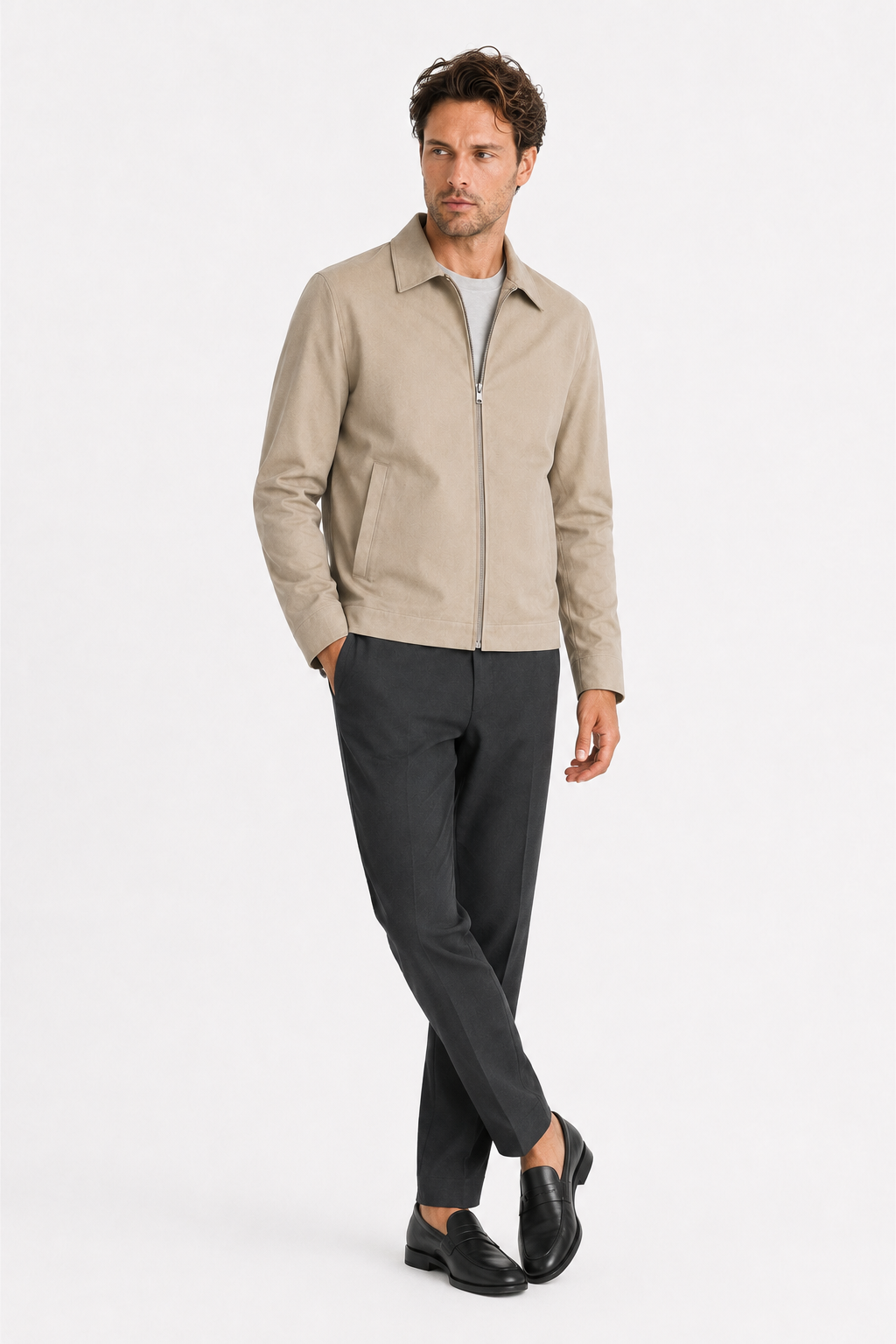 Herren-Übergangsjacke mit Reißverschluss, klassischem Kragen und lockerer Passform