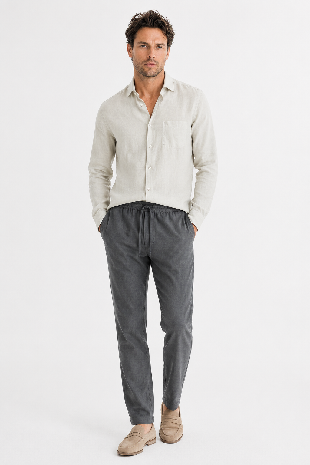 Männer Leinen-Set Langarm - Luftig-leicht für den Sommer Beige/Grau