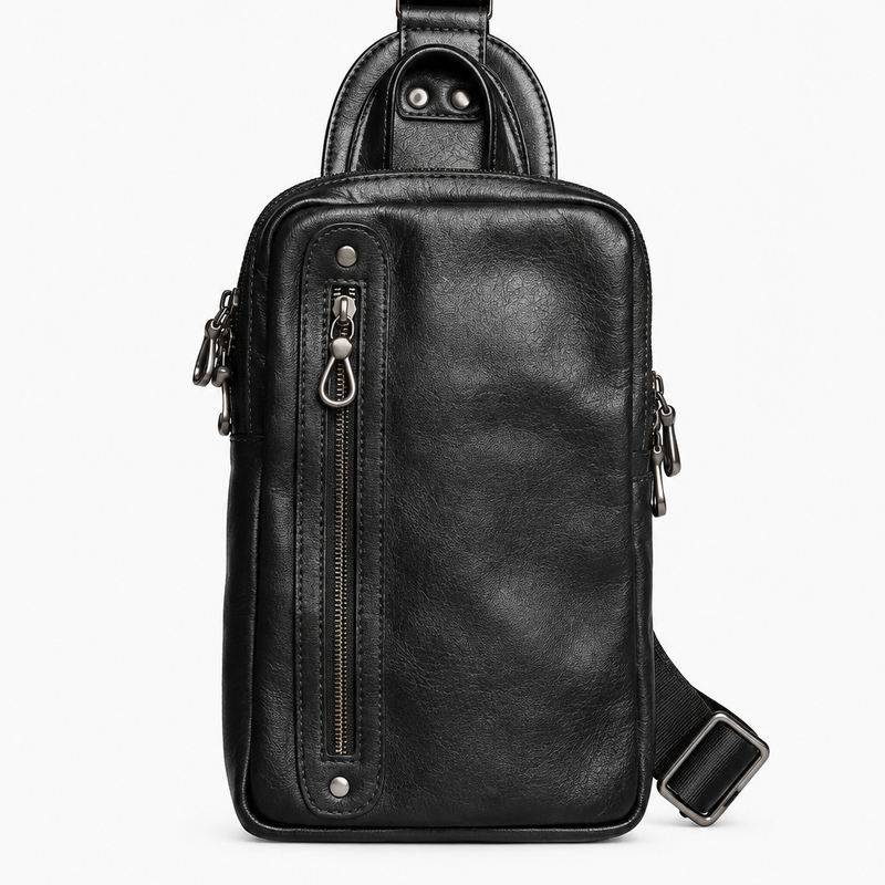 Schwarze Herren Sling Bag mit Reißverschlusstaschen und verstellbarem Schulterriemen