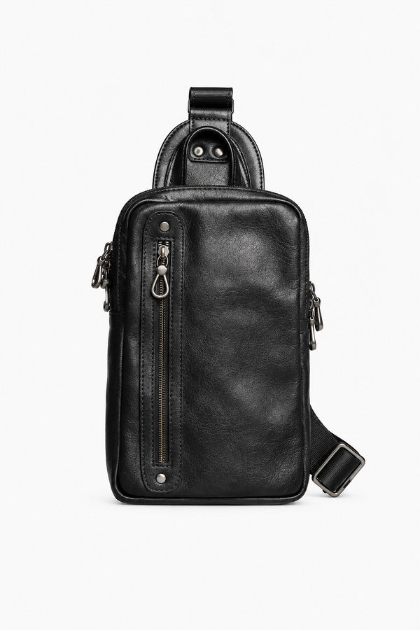 Schwarze Herren Sling Bag aus Echtleder mit Reißverschlusstaschen