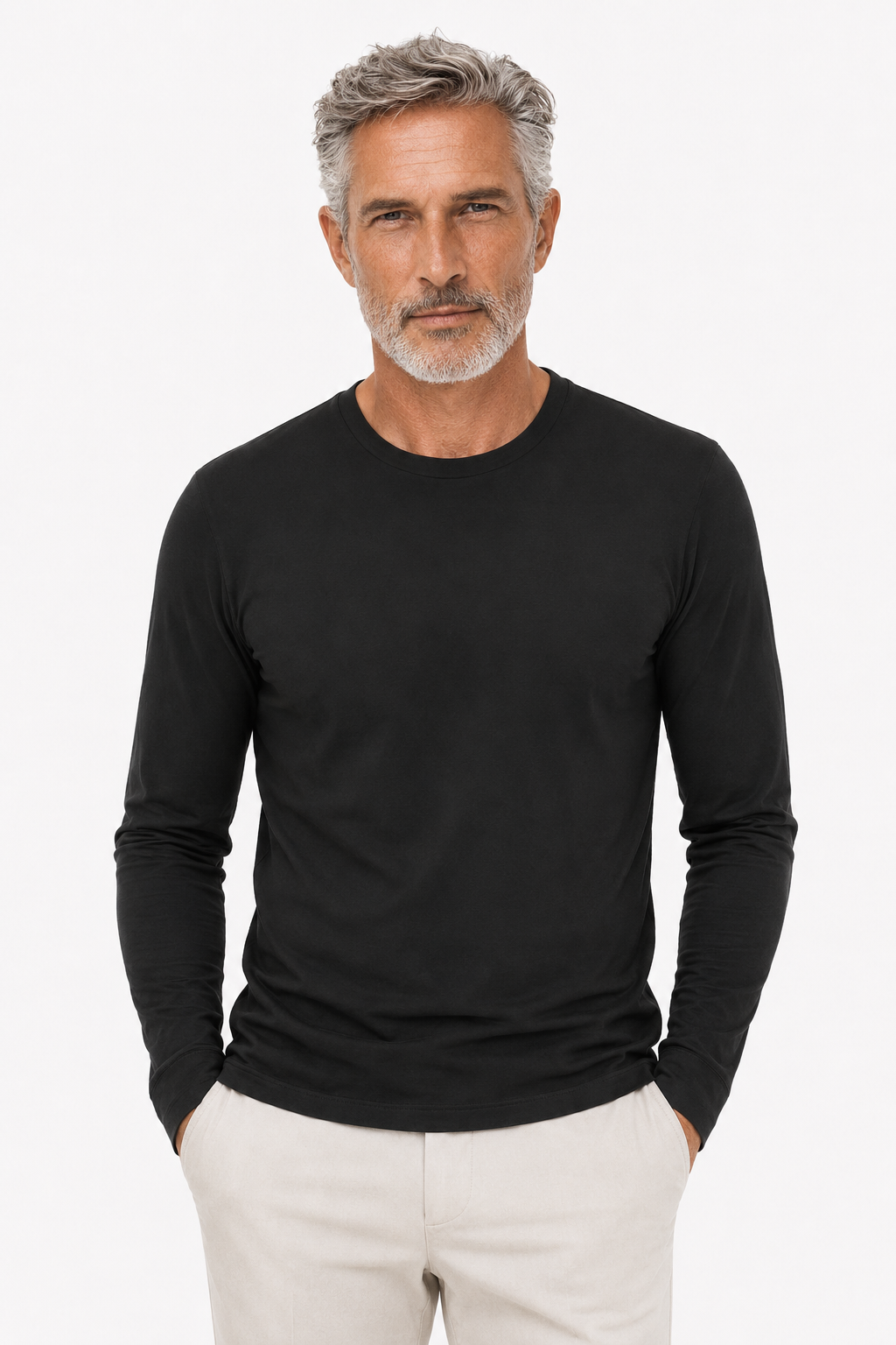 Longsleeve Herren Baumwolle Rundhals Onyx Black
