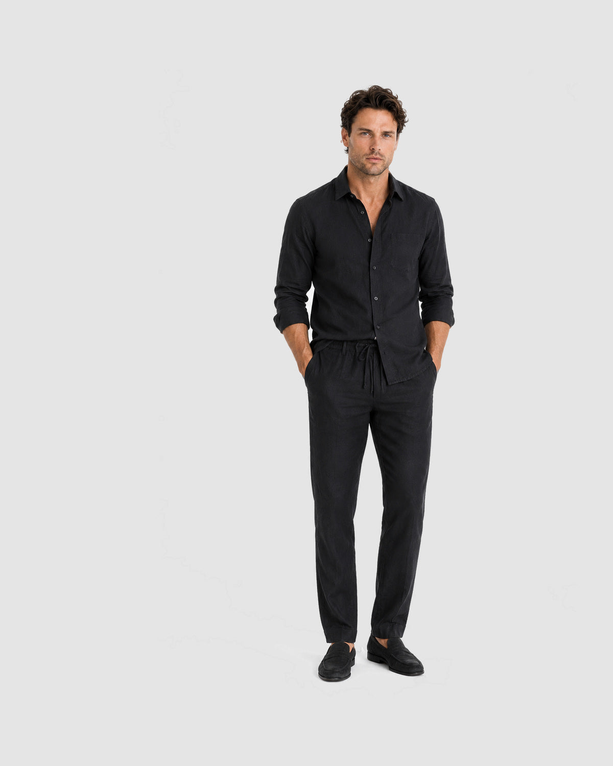 Herren Leinen-Set Langarm mit Hose – Schwarz, Bild 2