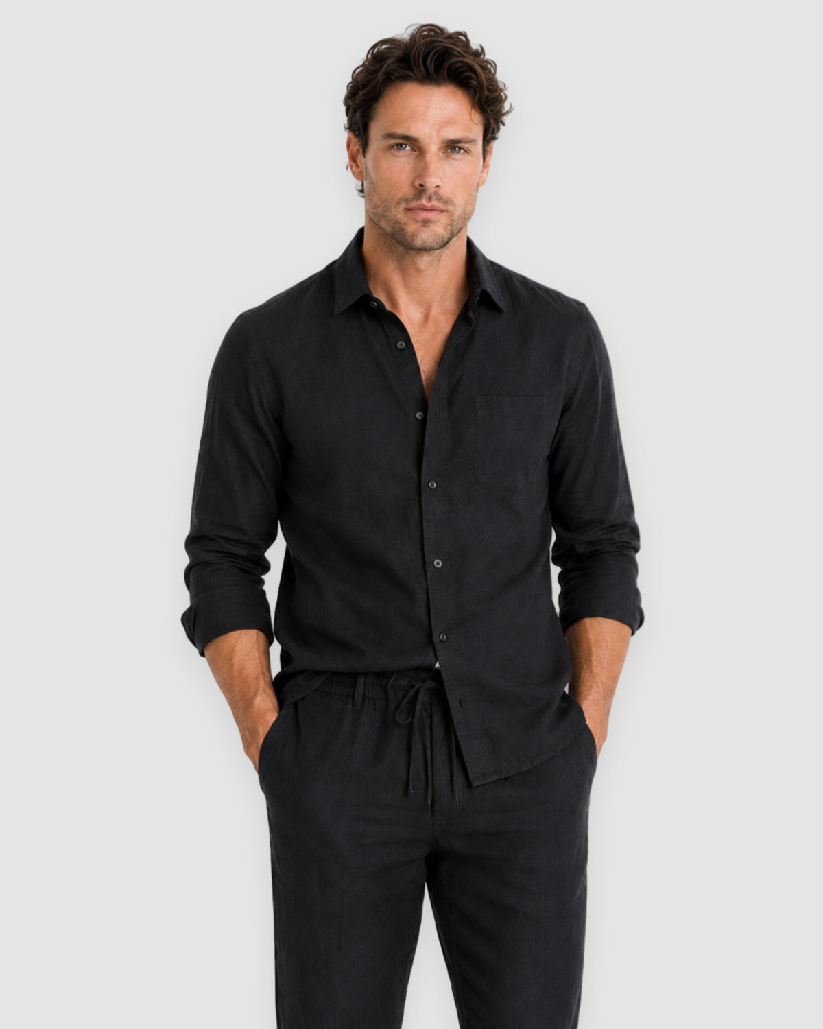 Herren Leinen-Set Langarm mit Hose – Schwarz, Bild 3