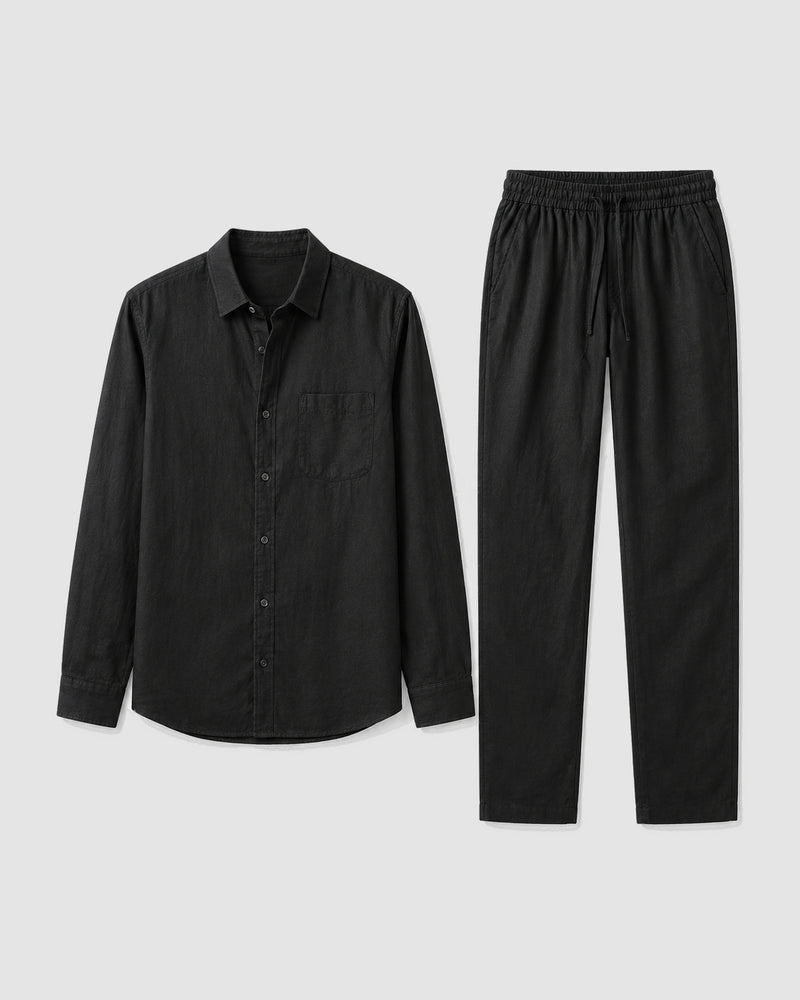 Linnenset voor heren met lange mouwen en broek – Zwart