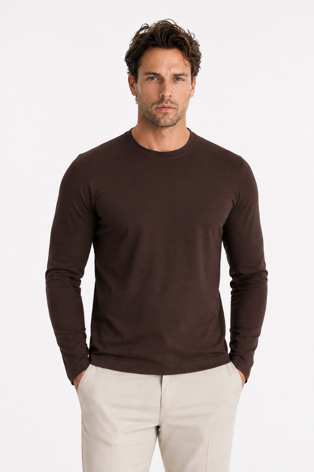 Longsleeve Herren Baumwolle Rundhals Rich Espresso
