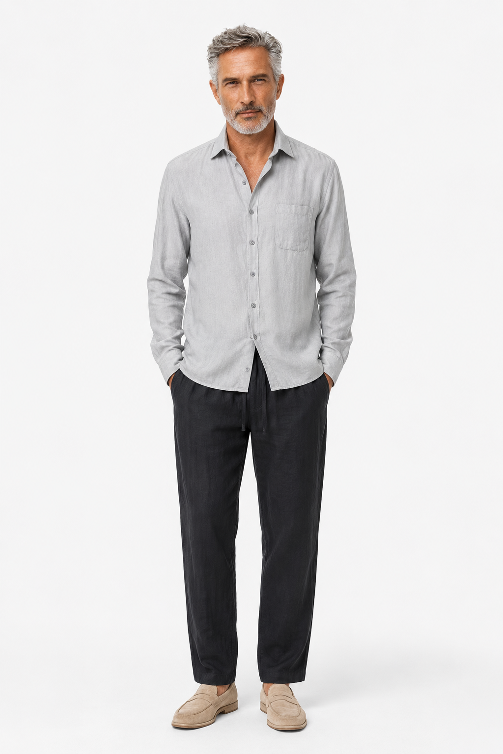 Männer Leinen Sommer Set - Langarmshirt & Hose Grau/Schwarz