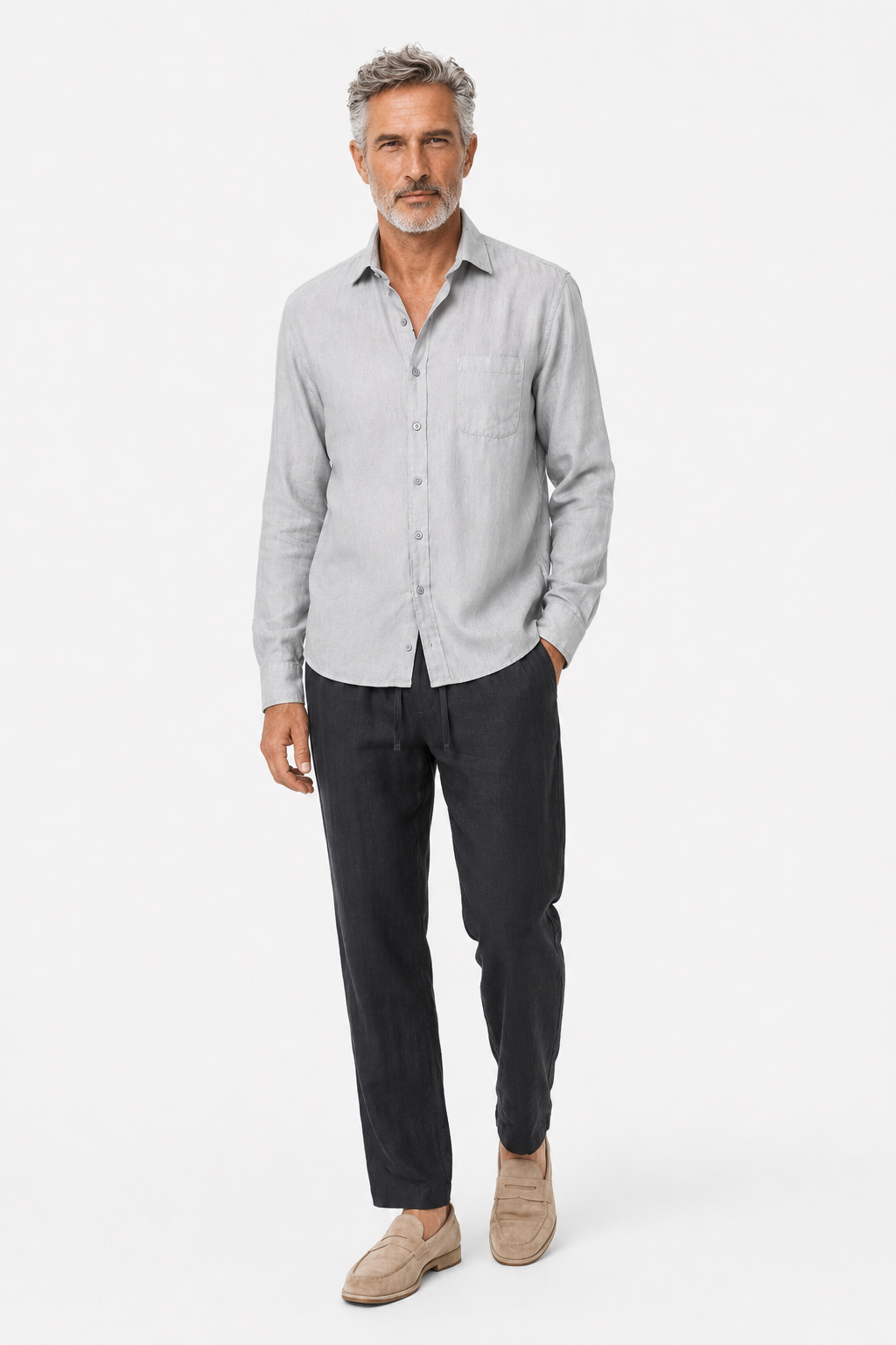 Männer Leinen Sommer Set - Langarmshirt & Hose Grau/Schwarz