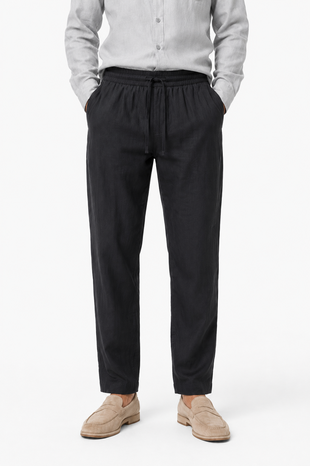 Männer Leinen Sommer Set - Langarmshirt & Hose Grau/Schwarz