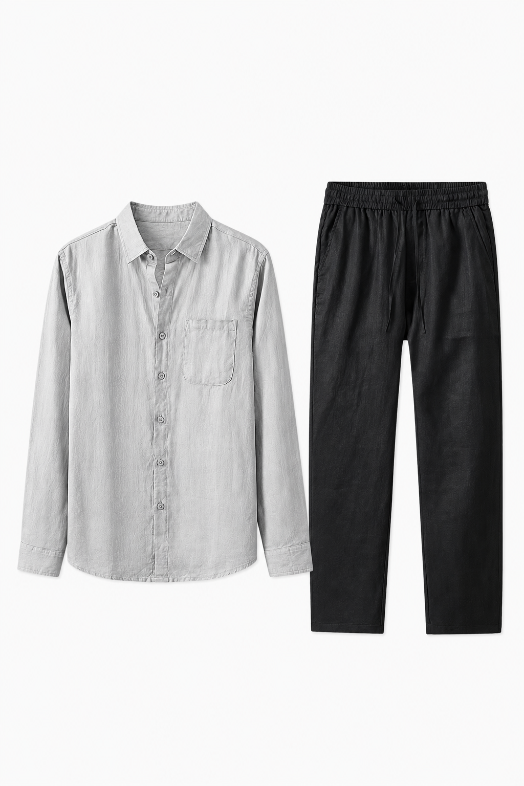 Männer Leinen Sommer Set - Langarmshirt & Hose Grau/Schwarz