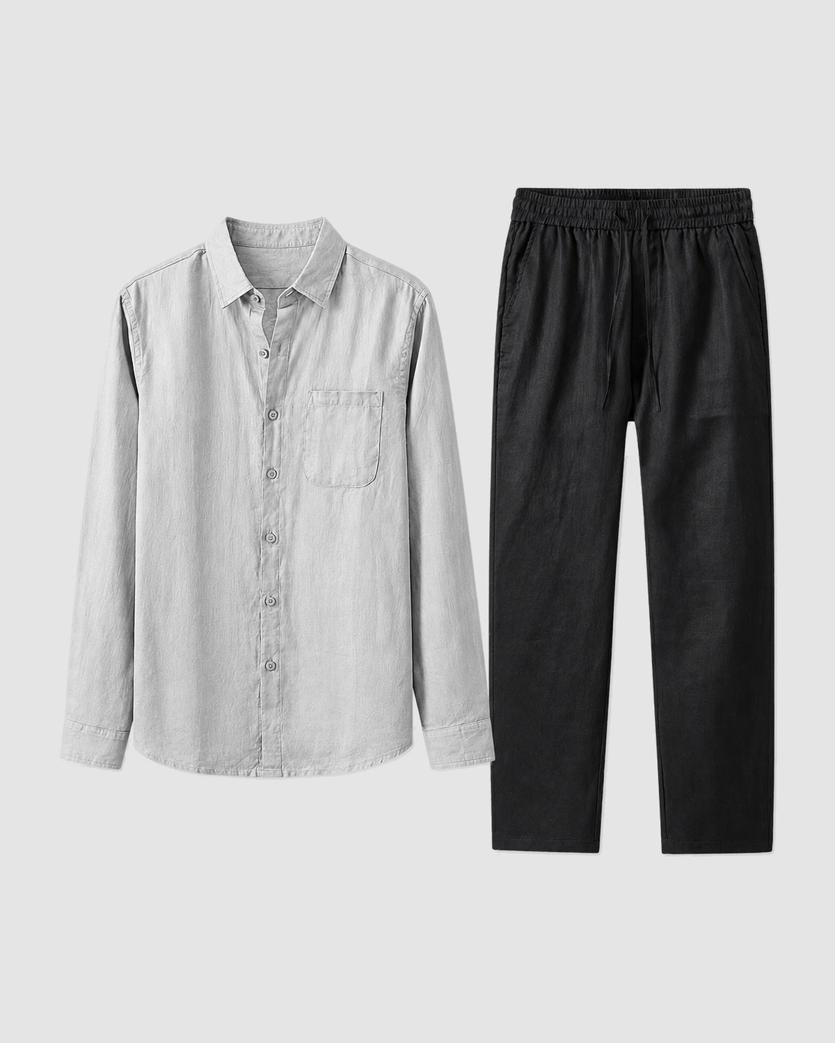 Herren Leinen-Set Langarm mit Hose – Grau/Schwarz in Grau-Schwarz