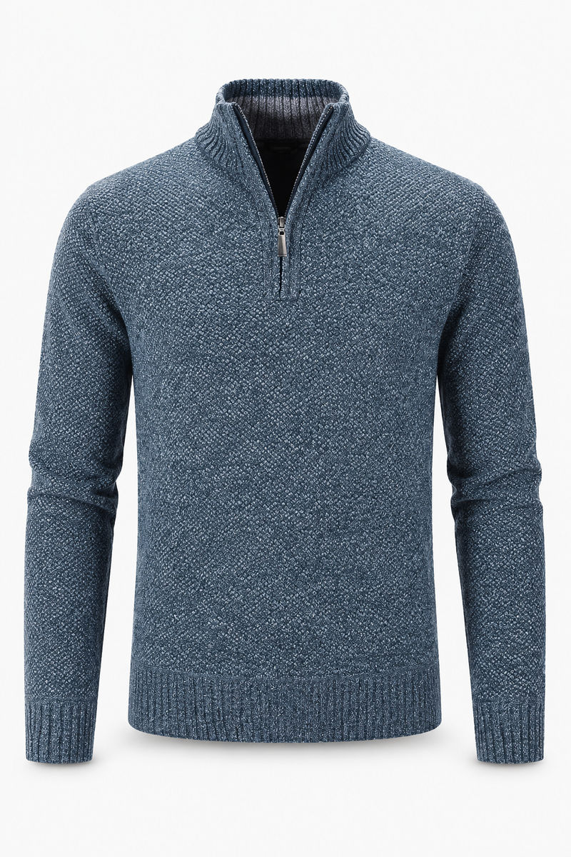 Herren Pullover mit Half-Zip in Strukturstrick – Blau