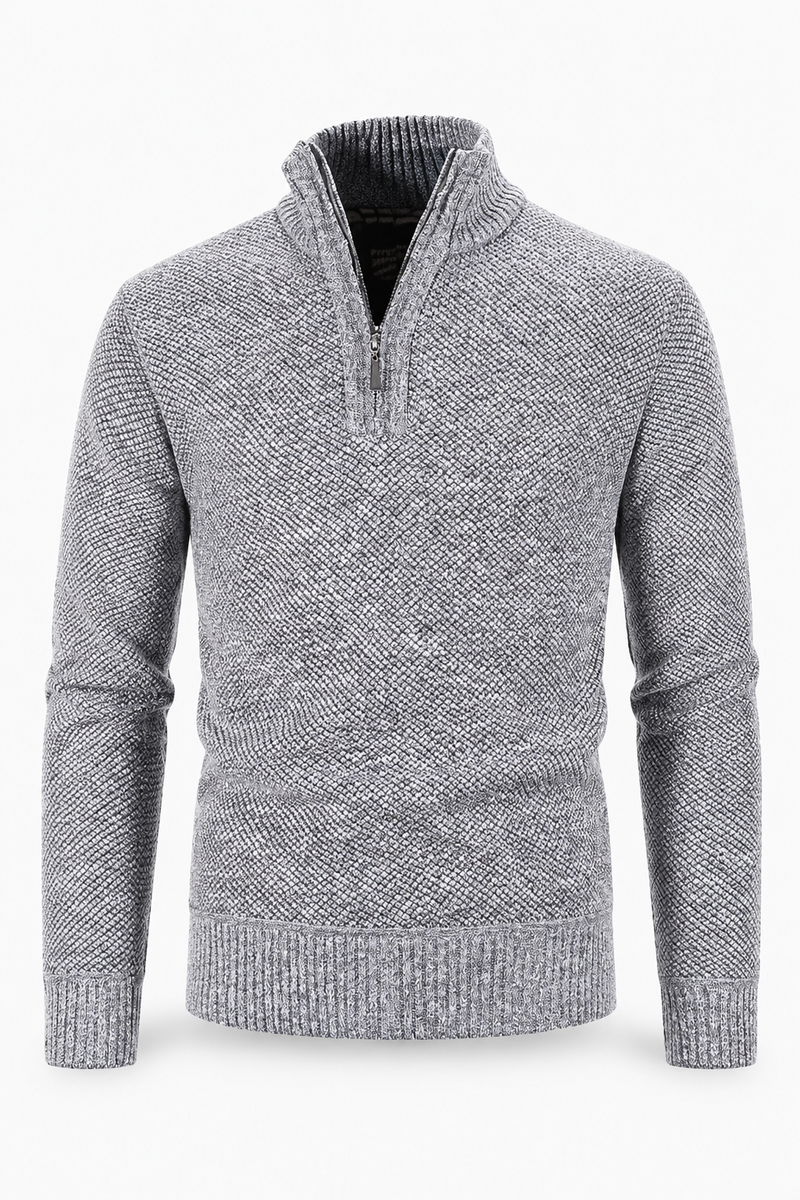 Herren Pullover mit Half-Zip in Strukturstrick – Hellgrau